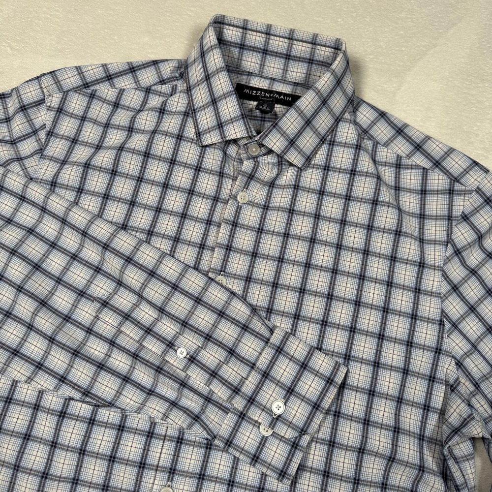 Mizzen+Main Leeward Shirt Mens Medium Blue Plaid Trim Fit Button Up Long Sleeve